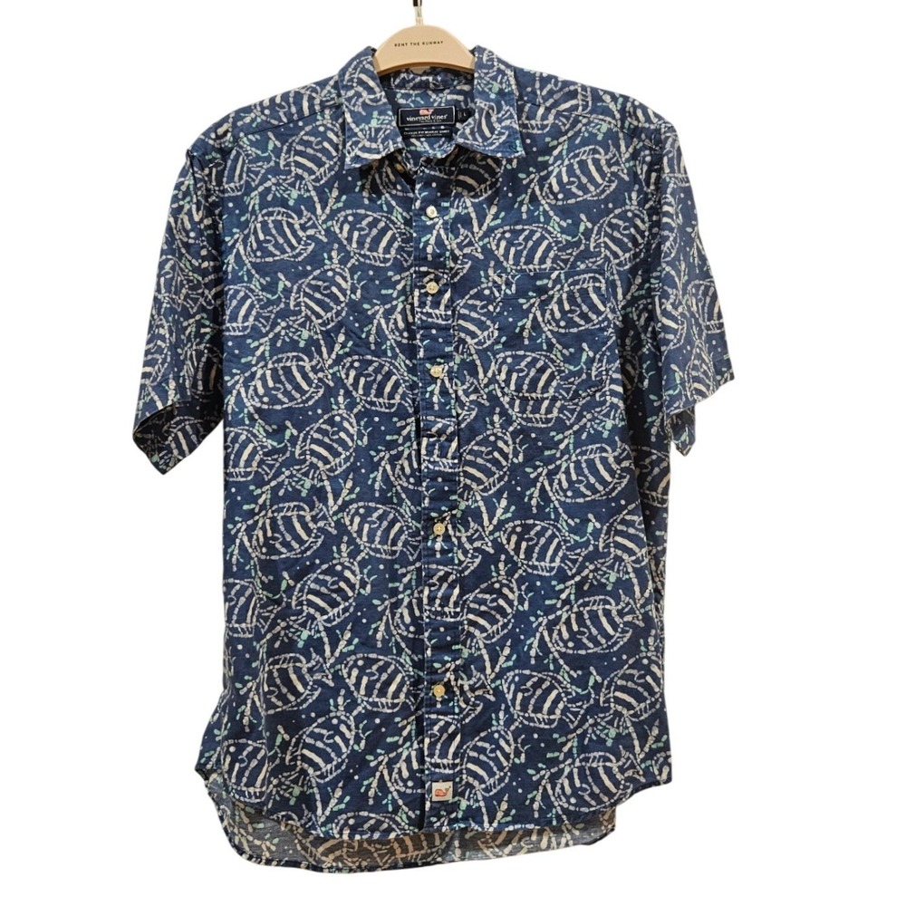 Vineyard Vines Mens Large Classic Fit Murray Shirt Blue Linen Cotton Fish Print